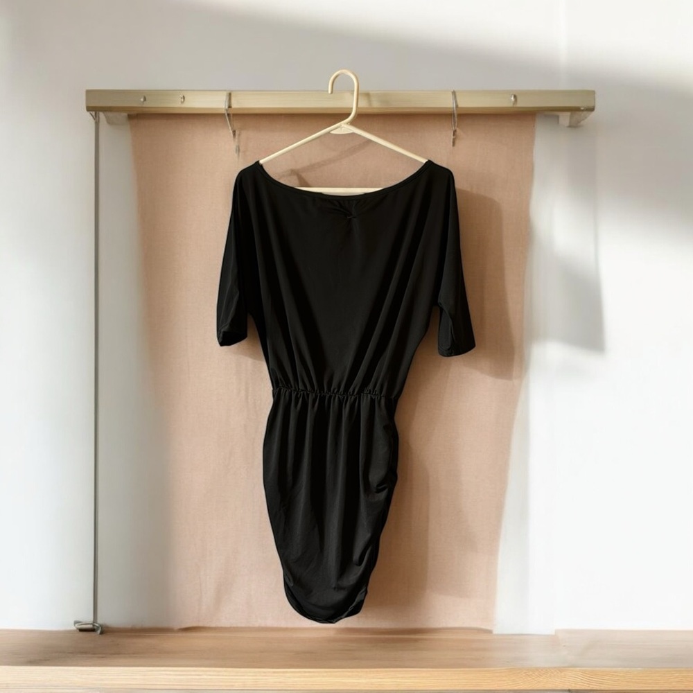 NWOT Little Black Dress elastic at waistline side ruching shirt sleeve midlength